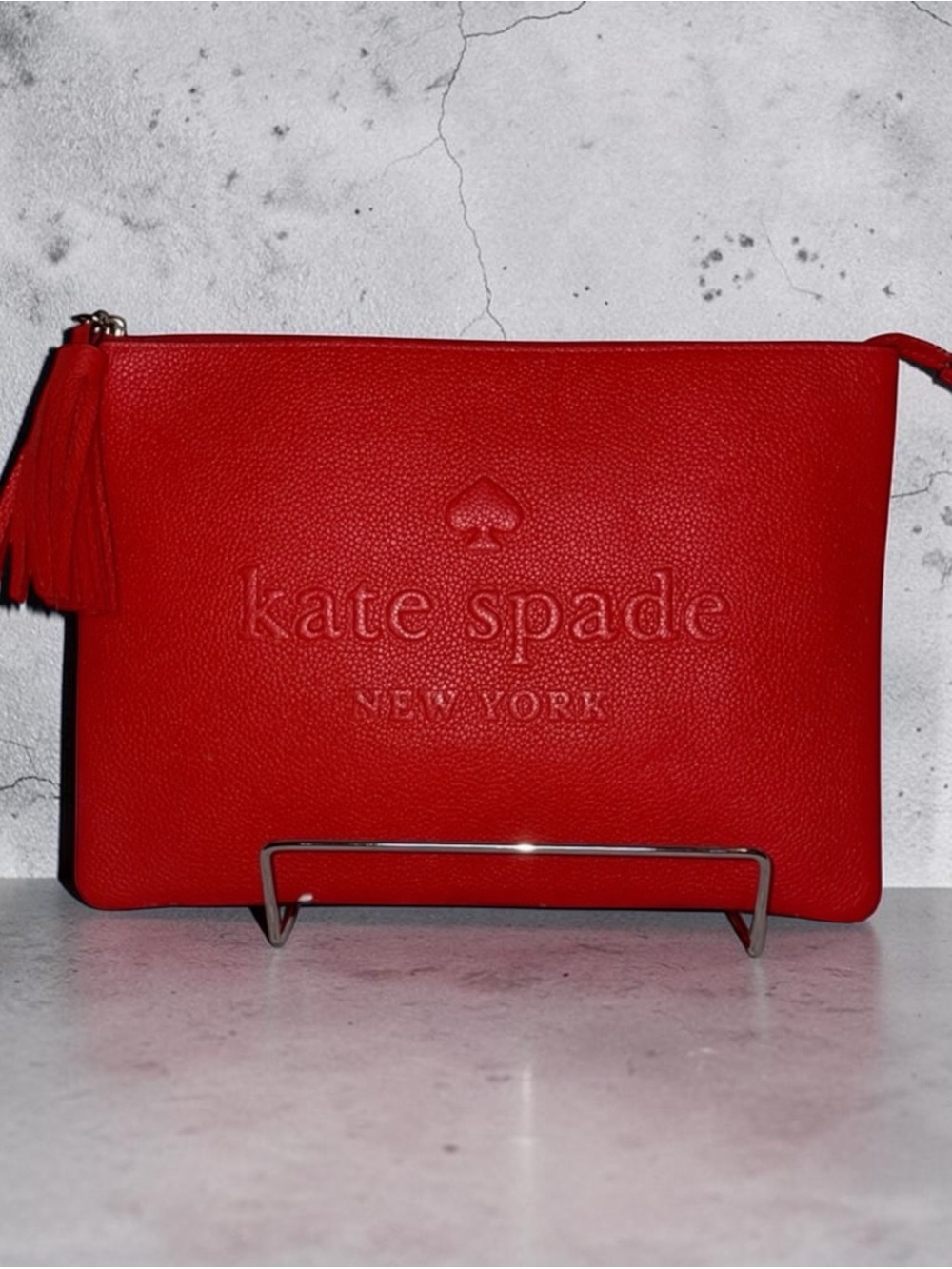 kate spade Red Embossed Leather Wristlet Clutch with Tassel Detail
